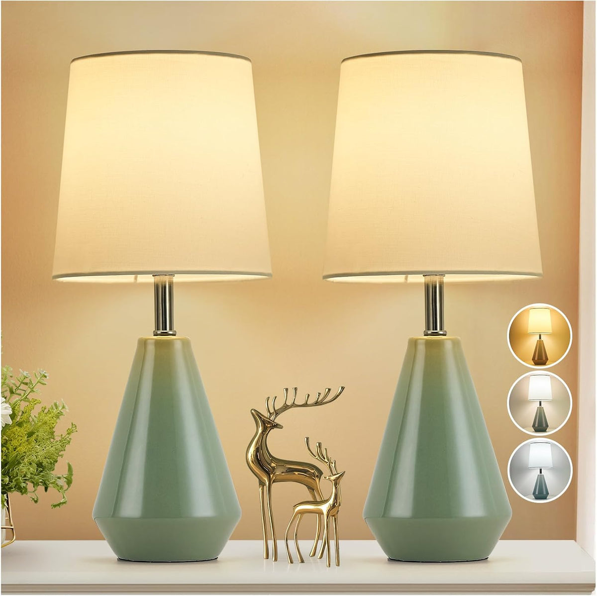 Small Bedside Table Lamp for Bedroom - Reading Desk Lamp with 3 Color Temperatures，15.5" Nightstand Ceramic Lamp with Fabric Shade for Kids Room,Living Room,Dorm,Home Office (Green)