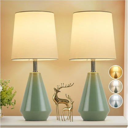 Small Bedside Table Lamp for Bedroom - Reading Desk Lamp with 3 Color Temperatures，15.5" Nightstand Ceramic Lamp with Fabric Shade for Kids Room,Living Room,Dorm,Home Office (Green)