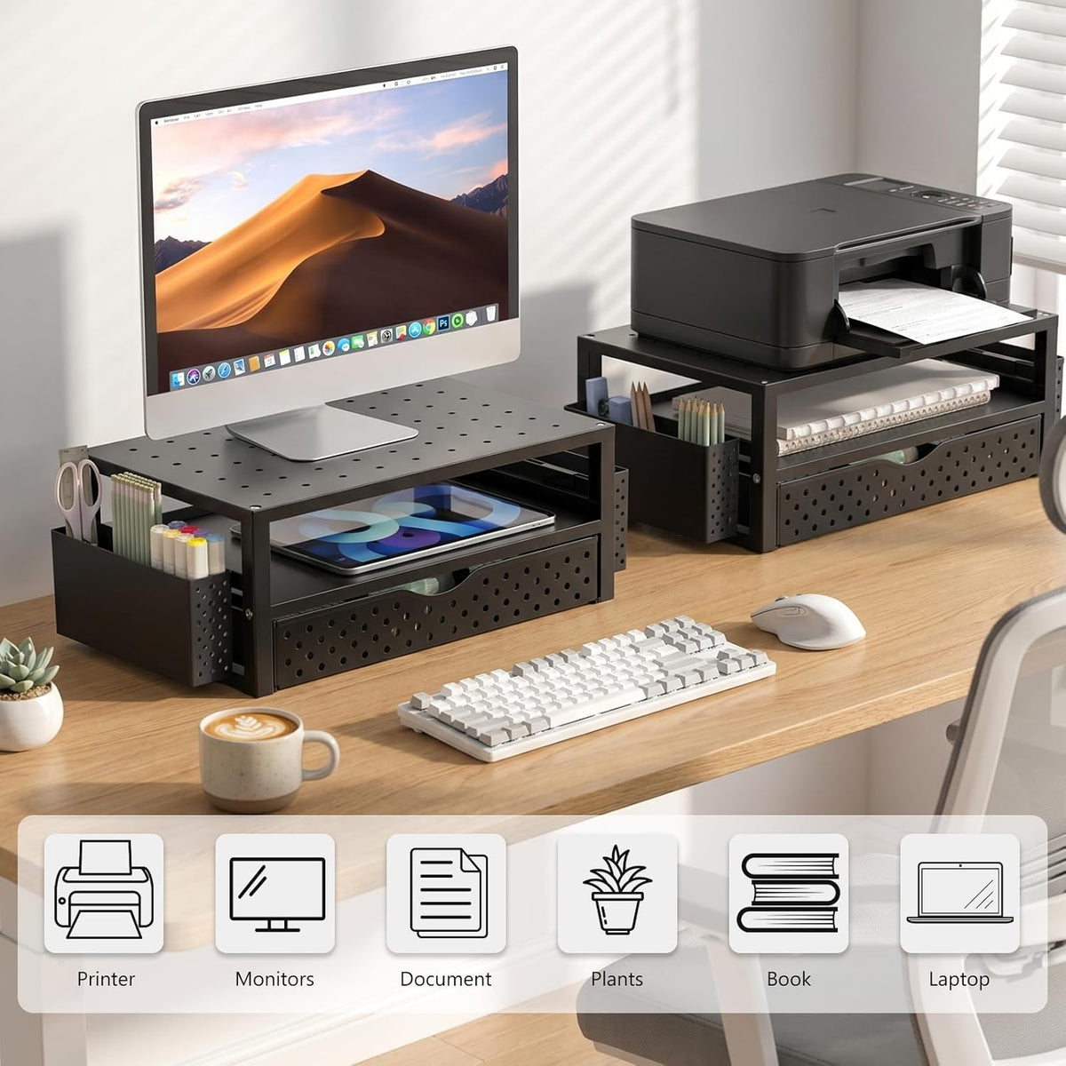 WALI Monitor Stand Riser with Drawer, Desk Organizers and Accessories for Computer, Printer, Laptop Stand for Home Office Supplies, (PTT005-B), 1 Pack, Black