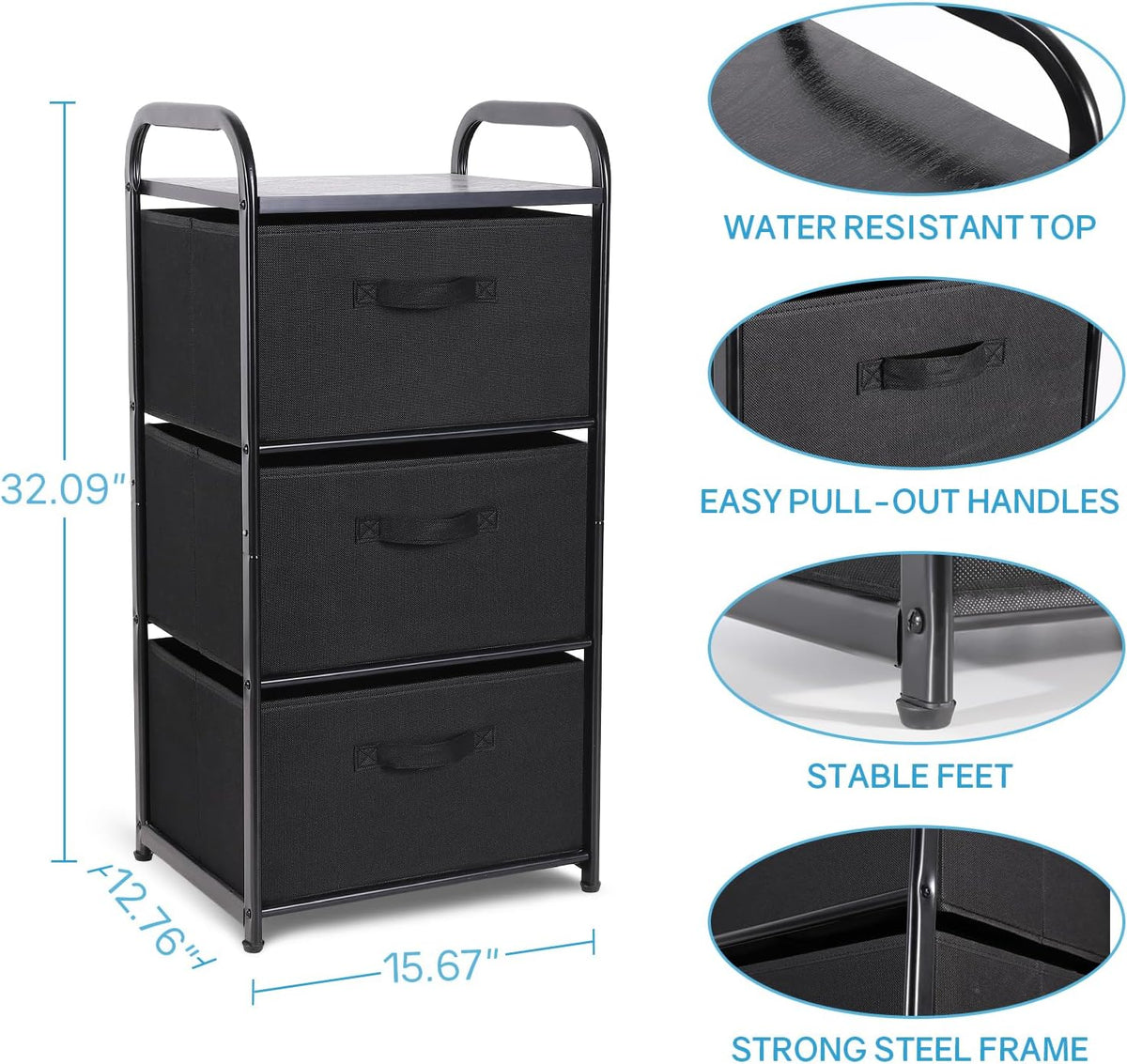 Dresser Storage with 3 Drawers, Fabric Dresser Tower, Vertical Storage Unit for Bedroom, Closet, Office, Black
