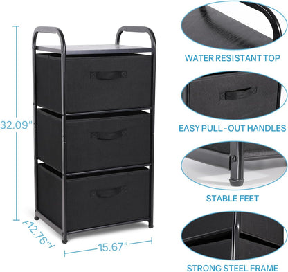 Dresser Storage with 3 Drawers, Fabric Dresser Tower, Vertical Storage Unit for Bedroom, Closet, Office, Black