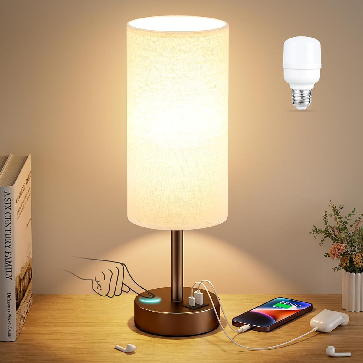 Dicoool Bedside Table Lamp for Bedroom - 3-Way Dimmable Touch Lamp, USB A+C
