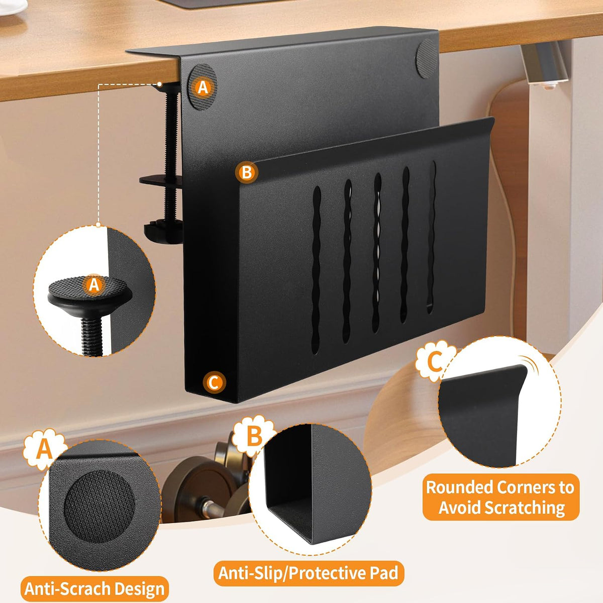 Desk Side Storage with Pen Holder, No Drill Hanging Desk Organizer Under Desk Storage Mount, Clamp-On Laptop Holder Table Side Tray Desktop Organization for Office and Home (Black)