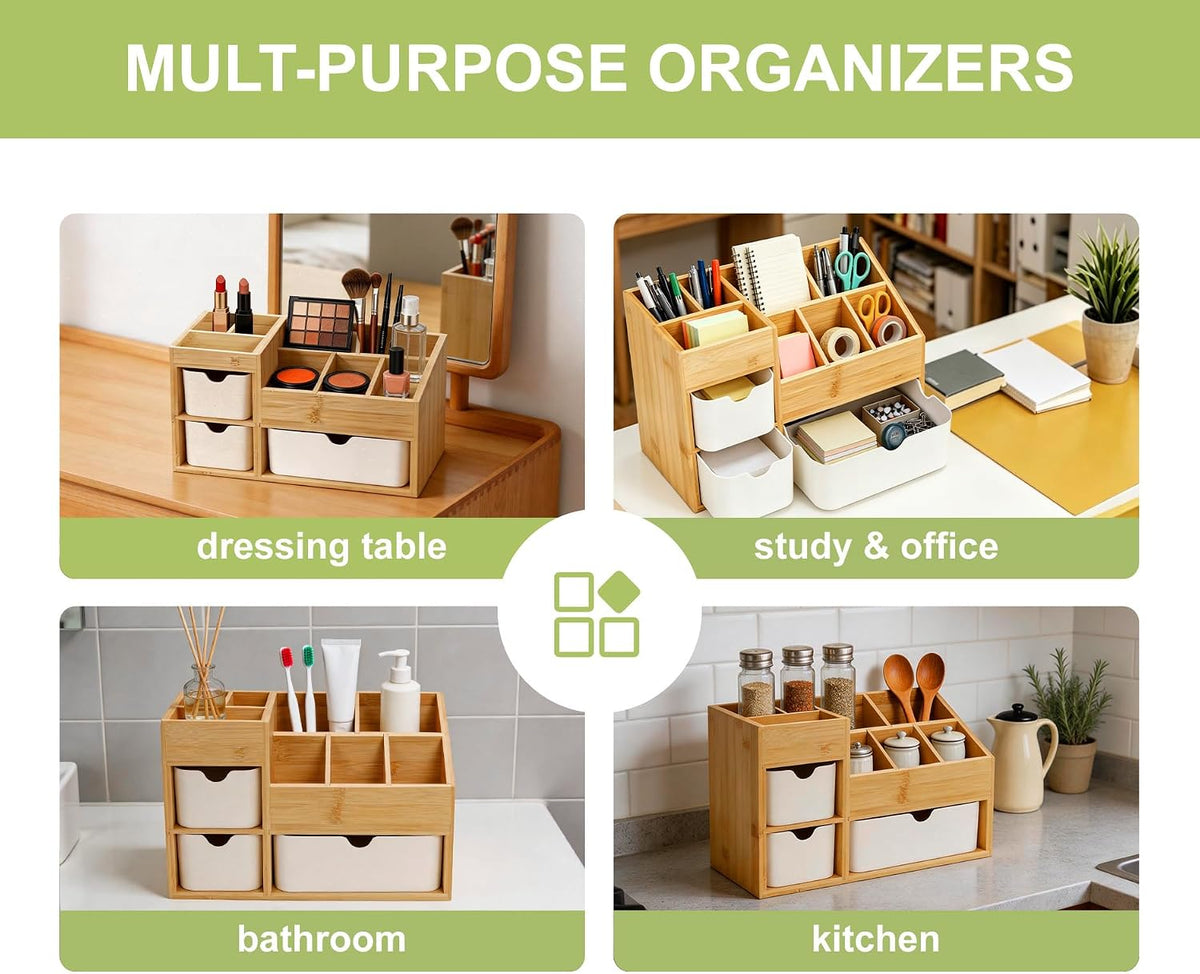 Bamboo Vanity Organizers with 3 Drawer, Mini Desk Organizer for Home, 3-tier Study/Office Organizer Rack, Adjustable 5 Compartment Makeup Display Case, Dresser Storage for Lipstick, Jewelry, Nail Care