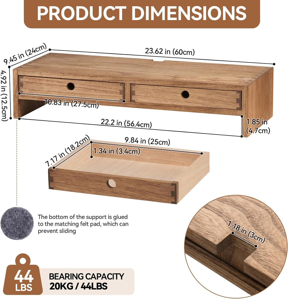 KIRIGEN Wood Monitor Stand with 2 Drawers, Solid Wood Computer Monitor Riser for Desk, Desktop Organizer Shelf with Cable Management, Pen Slots, Brown, No Assembly PMJ-DBR