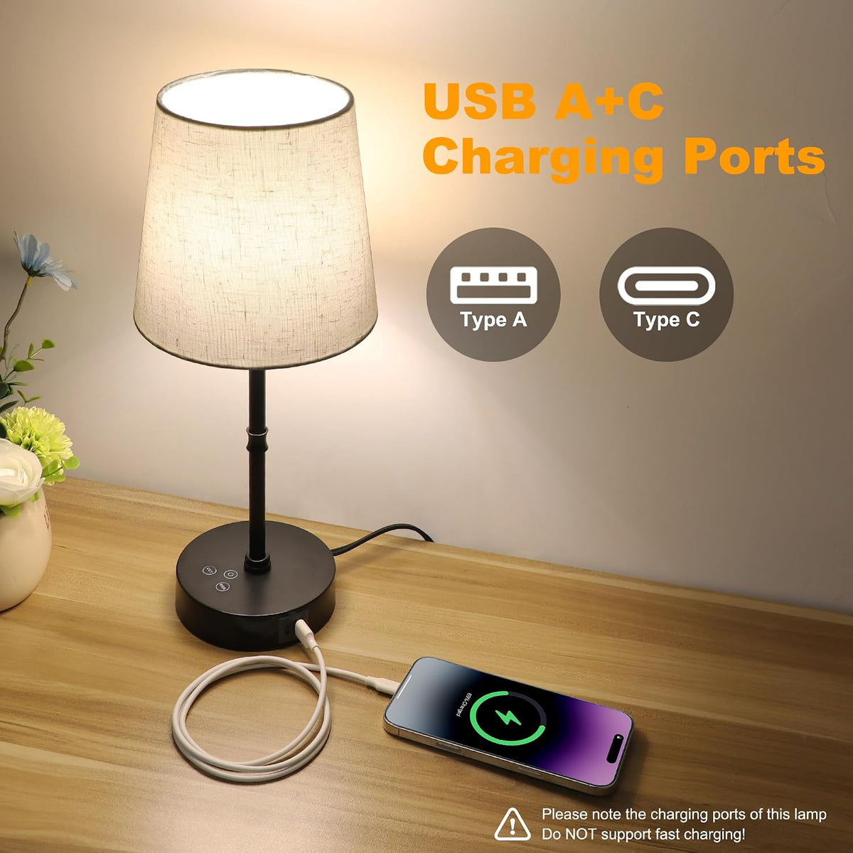 Ascher Small Bedside Table lamp, RGB Color Changing Lamps, 3 Color Temperatures, Dimmable Nightstand Lamp with USB C+A Ports, Touch Desk Lamp for Bedroom Living Room, H11.4in(Flaxen Shade)