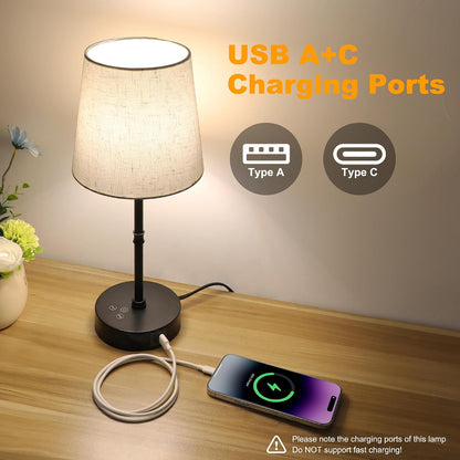 Ascher Small Bedside Table lamp, RGB Color Changing Lamps, 3 Color Temperatures, Dimmable Nightstand Lamp with USB C+A Ports, Touch Desk Lamp for Bedroom Living Room, H11.4in(Flaxen Shade)
