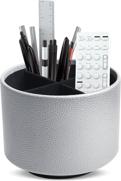 Round Leather Art Supply Organizer,Remote Control Holder,360 Degree Rotating,Multi-Functional Pencil Holder,4 Compartments Desktop Stationary Organizer(1-Blue Bird) - Colors A