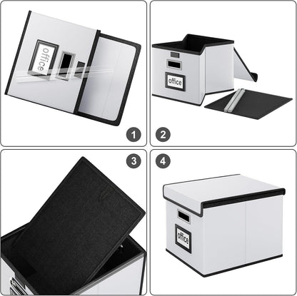Upgraded Portable File Organizer Box with Lid, Collapsible Linen Hanging Filing Storage Boxes with Plastic Slides, Decorative Home/Office Filing System Box for File and Folders Storage (Gray)