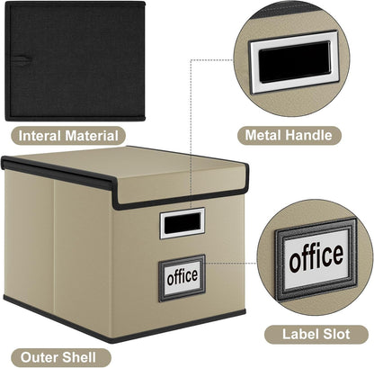 Upgraded Portable File Organizer Box with Lid, Collapsible Linen Hanging Filing Storage Boxes with Plastic Slides, Decorative Home/Office Filing System Box for File and Folders Storage (Gray)