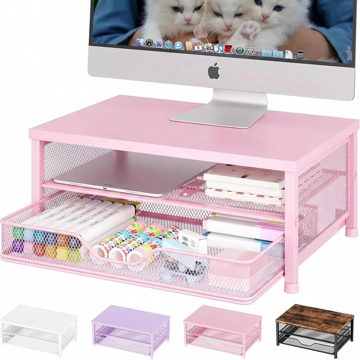 Desk Organizers and Accessories, Computer Monitor Stand Riser with Drawer and 2 Pen Holders, Printer & Laptop Stand, Office Desk Accessories & Workspace Organizers for Home Office Supplies, Black