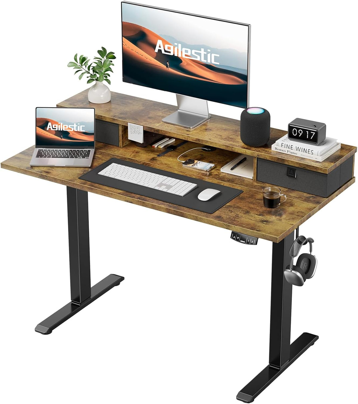 48 * 24 Inch Electric Standing Desk with Shelf & Led, Dark Walnut