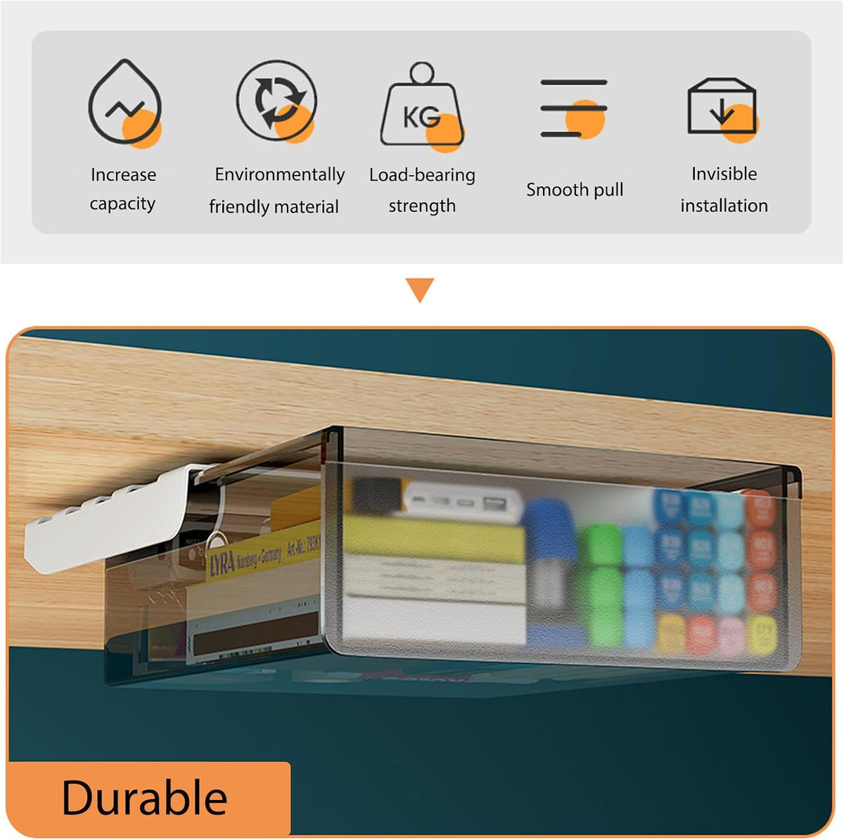 2 Pack Under Drawer Organizer, Slide Out Under Desk Storage, Self-Adhesive Drawer Attachment for Office, School, Home, Hidden Desktop Organizer for Office Supplies & Home Essentials (Black)