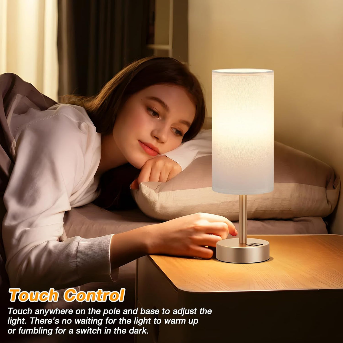 Dicoool Bedside Table Lamp for Bedroom - 3-Way Dimmable Touch Lamp, USB A+C