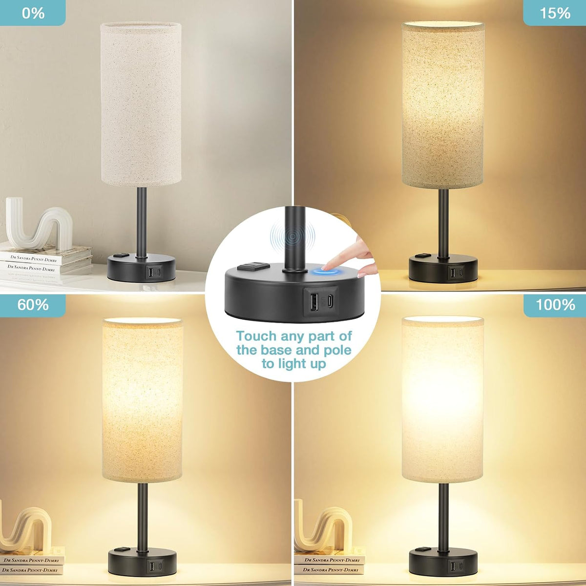 Fenmzee Bedside Table Lamp for Bedroom - Dimmable Touch, USB A+C, AC Outlet