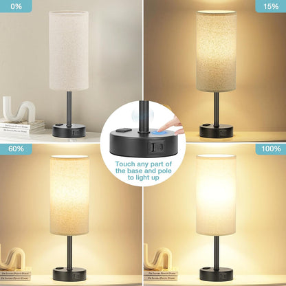 Fenmzee Bedside Table Lamp for Bedroom - Dimmable Touch, USB A+C, AC Outlet