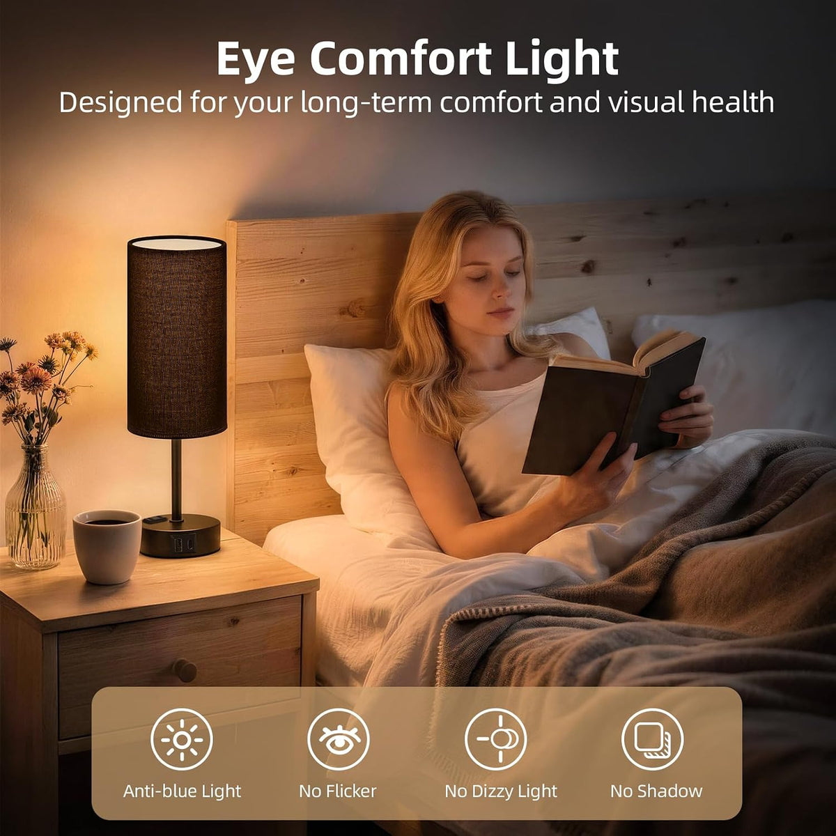 Table Lamp for Nightstand, High-Sensitivity Touch, 3-Level Dimmable Bedside Lamp with AC Outlet | USB | and USB-C, Ideal Night Stand Lamp for Bedroom, Reading, Living Room(Warm&Wooden)