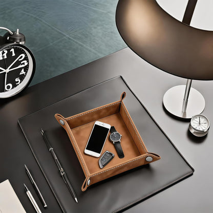 Valet Tray Desktop Storage Organizer – Vegan Leather Catchall Bedside Vanity Tray Nightstand Caddy Holder for Remote Controller, Watch, Keys, Phone, Wallet, Coin, Jewelry (Orange/Black)
