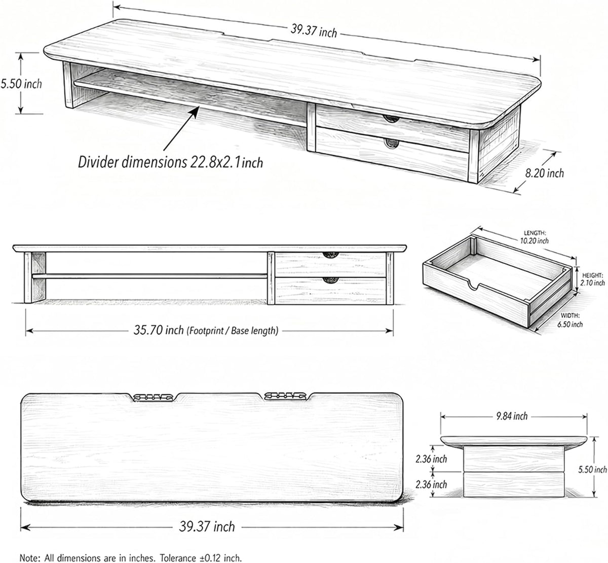 Bamboo Dual Monitor Stand, 39.3 inch Computer Monitor Riser with 2 Drawers, Desk Shelf with Cable Management for Home Office, Printer, Laptop
