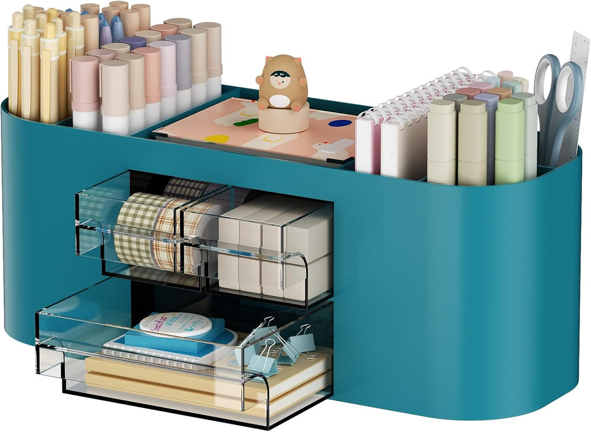 Marbrasse Desk Organizer Pen Holder for Desk with 3 Drawers, Multi-Functional Pencil Holder, Desk Organizers and Accessories with 7 Compartments for Home, School, Classroom(Pink)