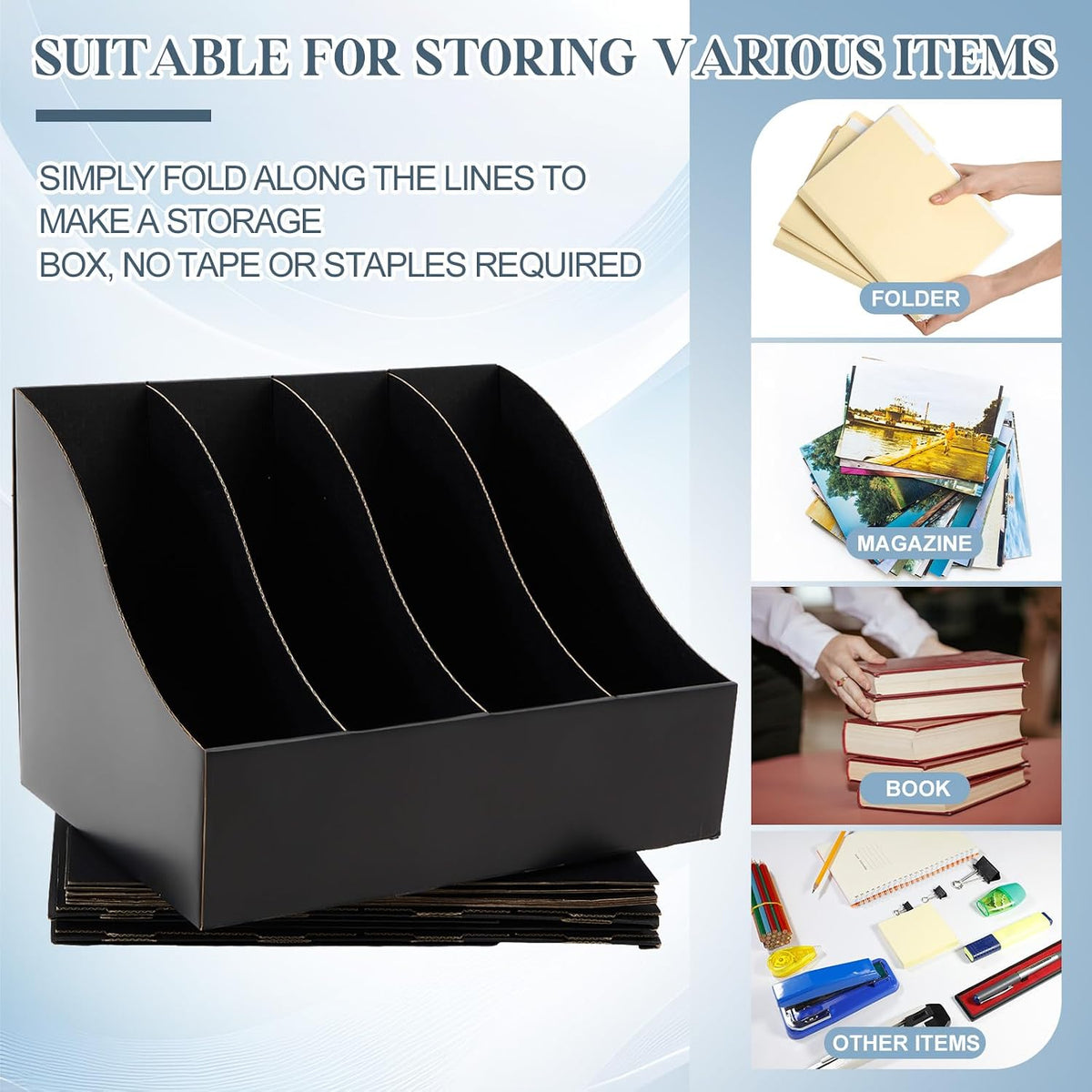 3 Pack Cardboard Magazine File Holders 12 Grids Vertical Book Bins 10.6'' x 10.2'' x 14'' Magazine Document Storage Box for Desk Shelves Home Office Classroom Library Use (White)