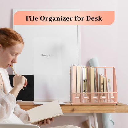 Desk Organizers Metal Desk Magazine File Holder with 5 Vertical Compartments Rack File Organizer for Office Desktop, Classroom, Home Workspace, Black