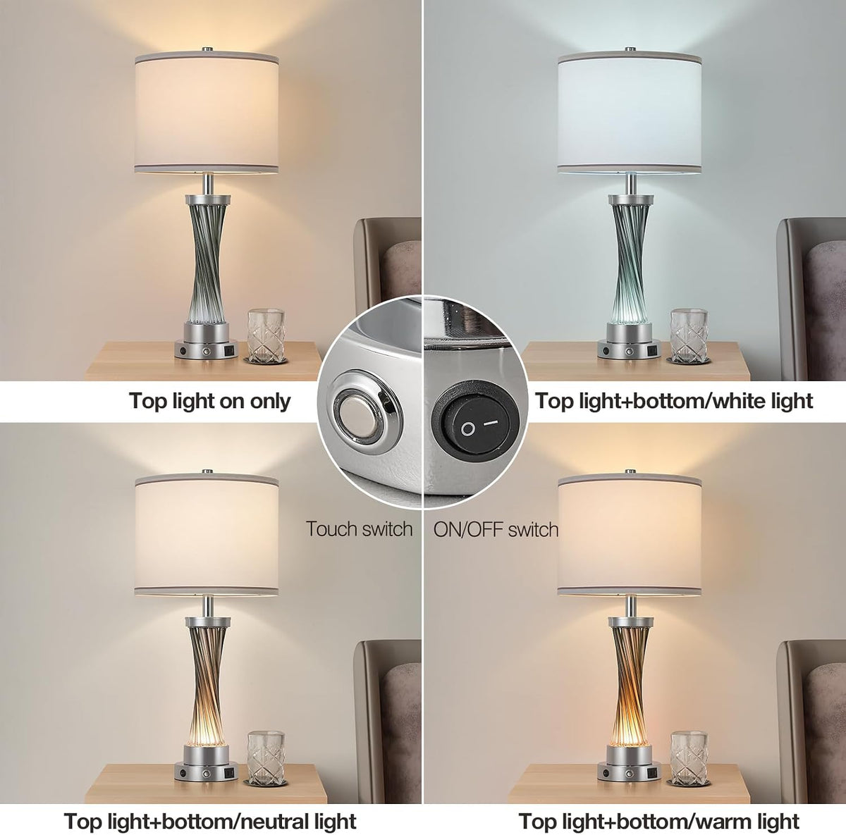 Small Bedside Table Lamp for Bedroom - Reading Desk Lamp with 3 Color Temperatures，15.5" Nightstand Ceramic Lamp with Fabric Shade for Kids Room,Living Room,Dorm,Home Office (Green)