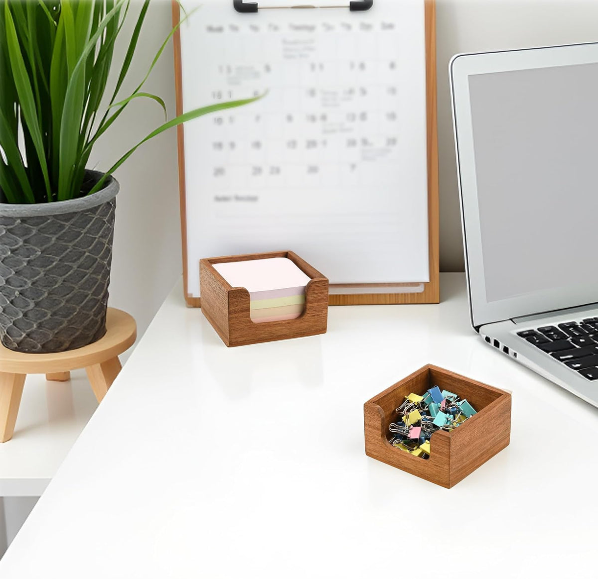 Acacia Wood Sticky Note Holder with 3 Pen Holders, 3x3 Post It Note Dispenser with Anti-Slip Pads, All-in-One Wooden Desk Organizer for Office Home School (4.0“x3.5"x2")