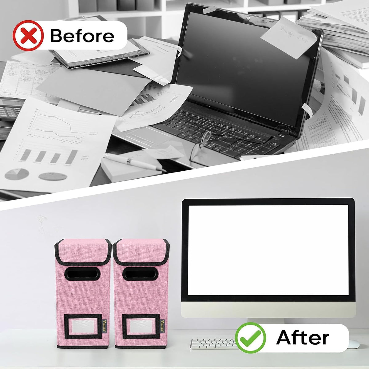 BALEINE File Organizer Box with Lid, Collapsible File Folder Organizer with Plastic Slide, Hanging File Folder Box for Office Document Storage (Black)
