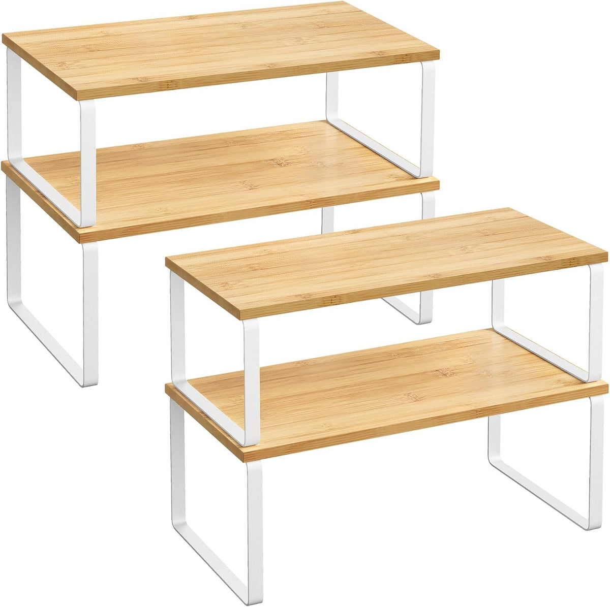 SONGMICS Cabinet Organizer Shelf, Set of 4 Kitchen Counter Shelves, Kitchen Storage, Spice Rack, Stackable, Expandable, Metal and Engineered Wood, Cloud White and Natural Beige UKCS010N01