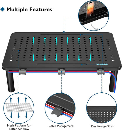 BONTEC Adjustable Monitor Stand Riser with Drawer, Ergonomic Mesh Platform Computer Monitor Stand for Desk, Ventilated Laptop and PC Stand with Cable Management, Supports up to 44lbs