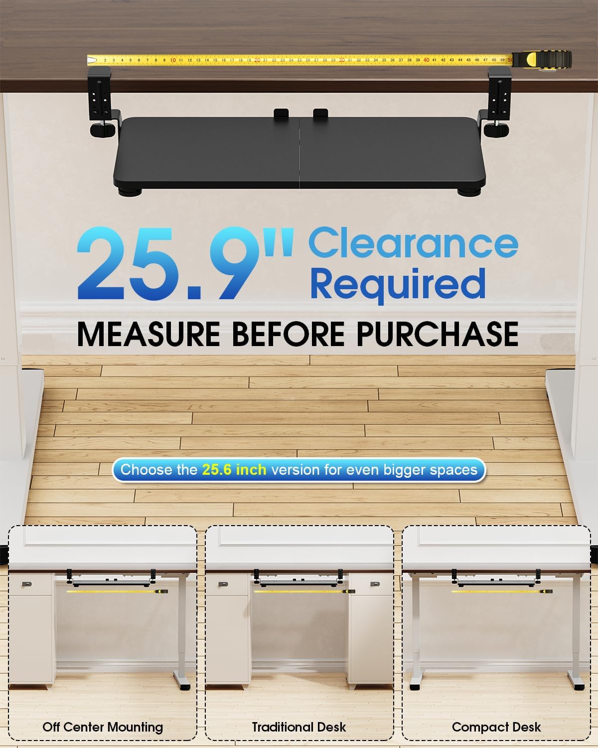 Small Keyboard Tray Under Desk, Pull Out Keyboard & Mouse Tray with Adjustable C-clamp, 20(25.9 Including Clamps) x 11.8 Inch Slide Out Computer Keyboard Drawer Mouse Tray for Typing, Walnut