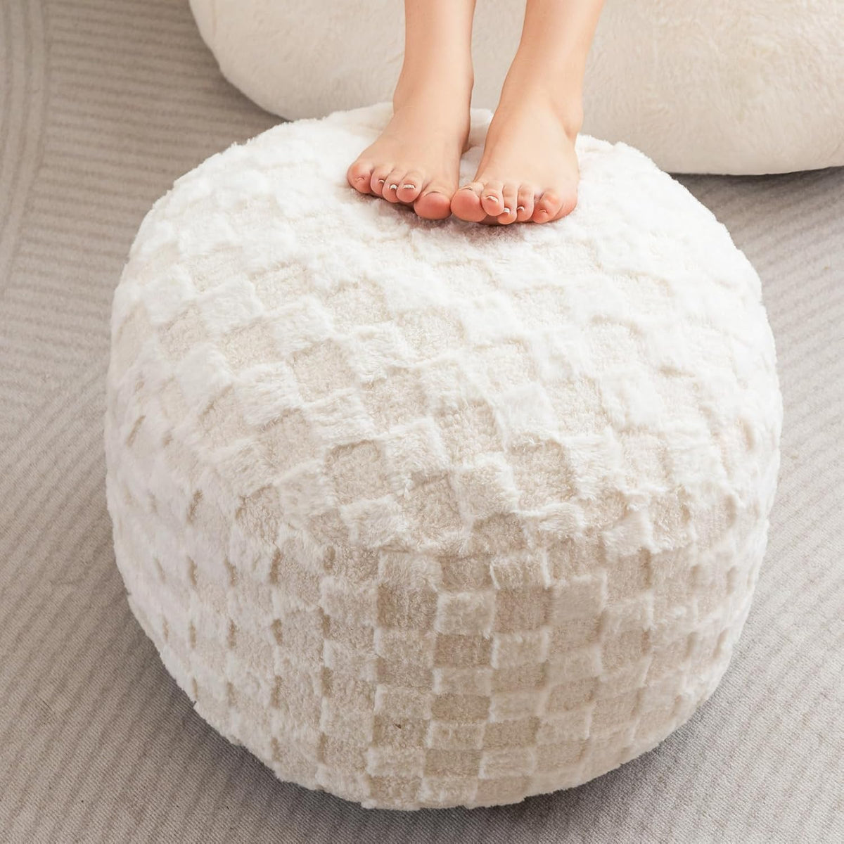 Round Stuffed Pouf Ottoman, Corduroy Poufs with Foam Chunk Filling, Furry and Fluffy Pouf Foot Stool Storage Ottoman, 20 X 15 Floor Poufs Foot Rest for Living Room, Dark Grey