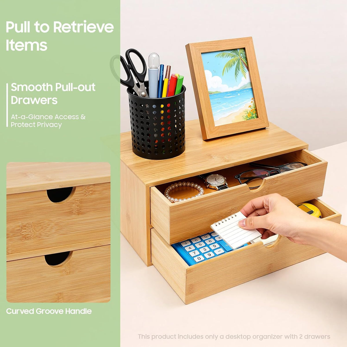 Desk Organizer, Office Vanity Bamboo Desk Organizer, Mini Bamboo Desk Drawer Tabletop Storage Box with 2 Drawer Night Stand Table Organizer for Makeup Vanity Office Supplies (2 Drawer)