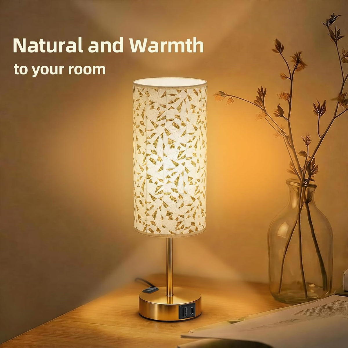 Table Lamp for Nightstand, High-Sensitivity Touch, 3-Level Dimmable Bedside Lamp with AC Outlet | USB | and USB-C, Ideal Night Stand Lamp for Bedroom, Reading, Living Room(Warm&Wooden)