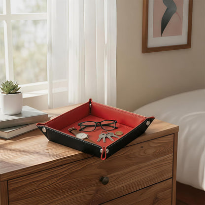 Valet Tray Desktop Storage Organizer – Vegan Leather Catchall Bedside Vanity Tray Nightstand Caddy Holder for Remote Controller, Watch, Keys, Phone, Wallet, Coin, Jewelry (Orange/Black)