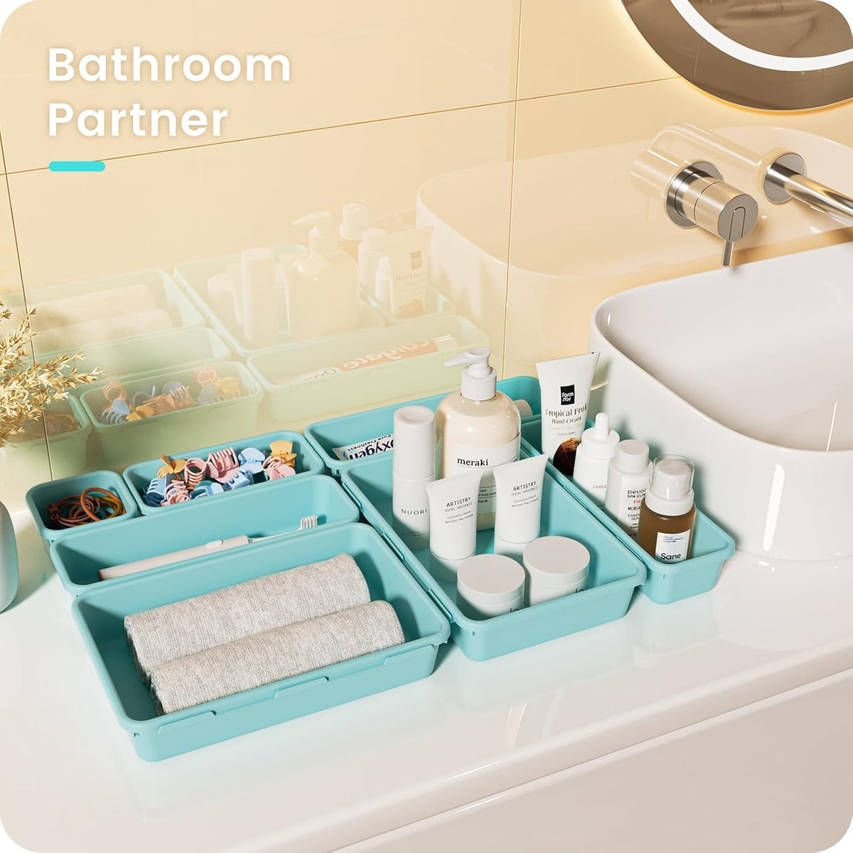 A-LuGei 【Military Grade】 Drawer Organizer, 【𝟱𝗦𝗶𝘇𝗲】 Makeup organizer, 【Holds 177 Items】 Bathroom Organizers and Storage, Organization and Storage, Desk Drawer Organizer for Vanity (Clear)