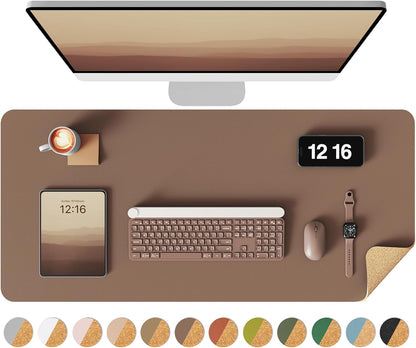 Double-Sided Desk Pad, 31.5"x15.7"Leather Desk Mat, Eco Cork Desk Pad Protector,Large Mouse Pad,Waterproof Desk Blotter for Office/Home(Coffee)