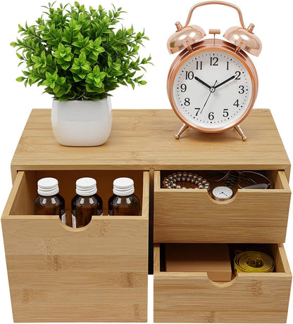 Desk Organizer, Office Vanity Bamboo Desk Organizer, Mini Bamboo Desk Drawer Tabletop Storage Box with 2 Drawer Night Stand Table Organizer for Makeup Vanity Office Supplies (2 Drawer)