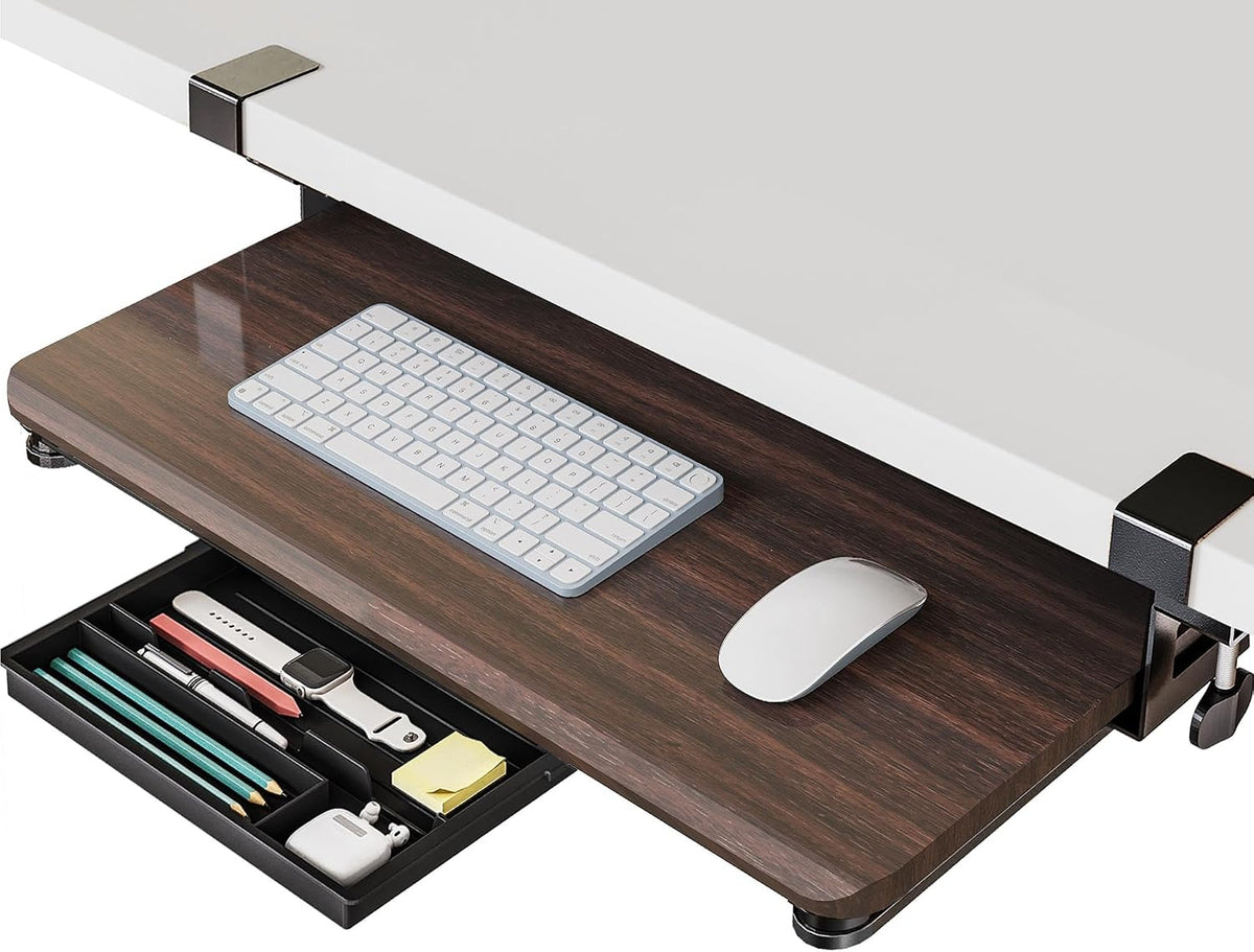 Fenge Keyboard Tray Under Desk, Pull Out Keyboard & Mouse Tray with C Clamp Mount, Sliding Keyboard Holder for Desk, 25.6 x 11.8 inch Large Slide-Out Platform Computer Drawer for Typing