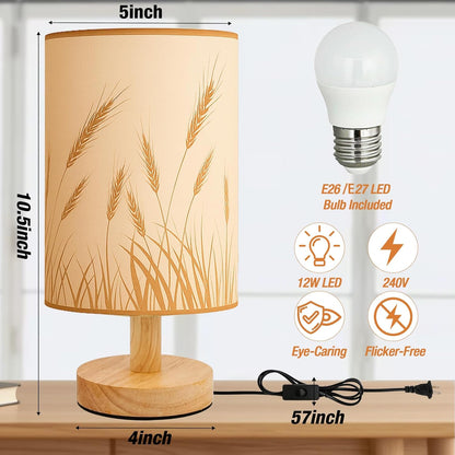 Desk Lamp LED Bulb Included, Small Bedside Table Lamp Plug-in - Classic Wood Base with Flaxen Fabric Shade, Lamps for Night Stands, Simple Nightstand Light for Bedroom, Office, Desk