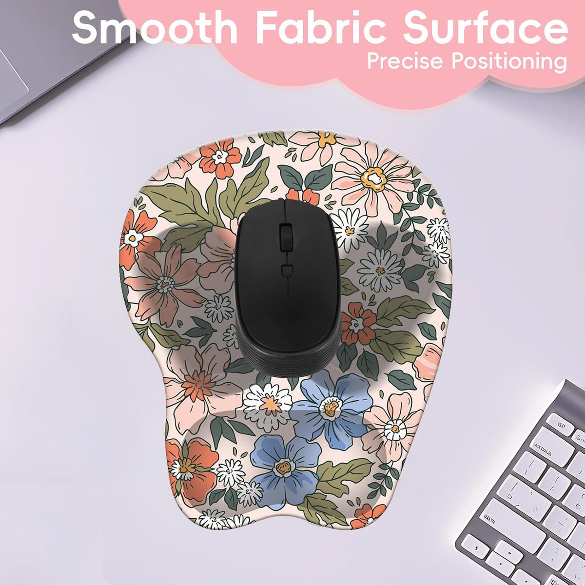 Wrist Support Mouse Pad Anti Slip Rubber Wrist Rest Mousepad 9in X 8in Small Desktop Notebook Mouse Mat for Working and Gaming (M-Pink Floral)
