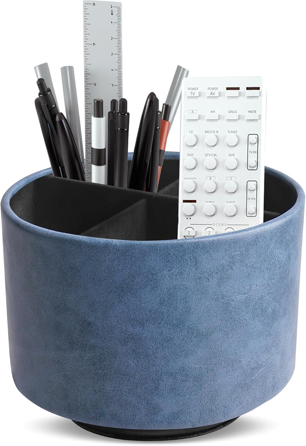 Round Leather Art Supply Organizer,Remote Control Holder,360 Degree Rotating,Multi-Functional Pencil Holder,4 Compartments Desktop Stationary Organizer(1-Blue Bird) - Colors B