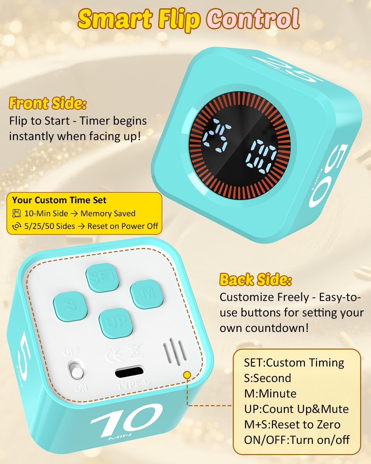 Digital Pomodoro Timer Cube 5/10/25/50min, Visual Productivity Flip Timer for Kids Classroom Desk, Custom Countdown, Silent and Sound Mode for ADHD Study Work Game Kitchen (Purple)