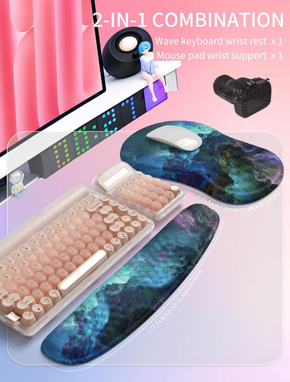 2in1 Combination, Wave Keyboard Wrist Rest and Ergonomic Curvature Mouse Pad Wrist Support for Relieve Wrist Pain, Filled with Soft Cushion Memory Foam, Black