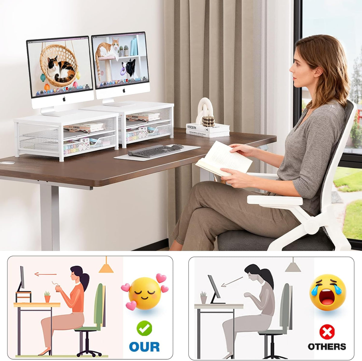 Desk Organizers and Accessories, Computer Monitor Stand Riser with Drawer and 2 Pen Holders, Printer & Laptop Stand, Office Desk Accessories & Workspace Organizers for Home Office Supplies, Black