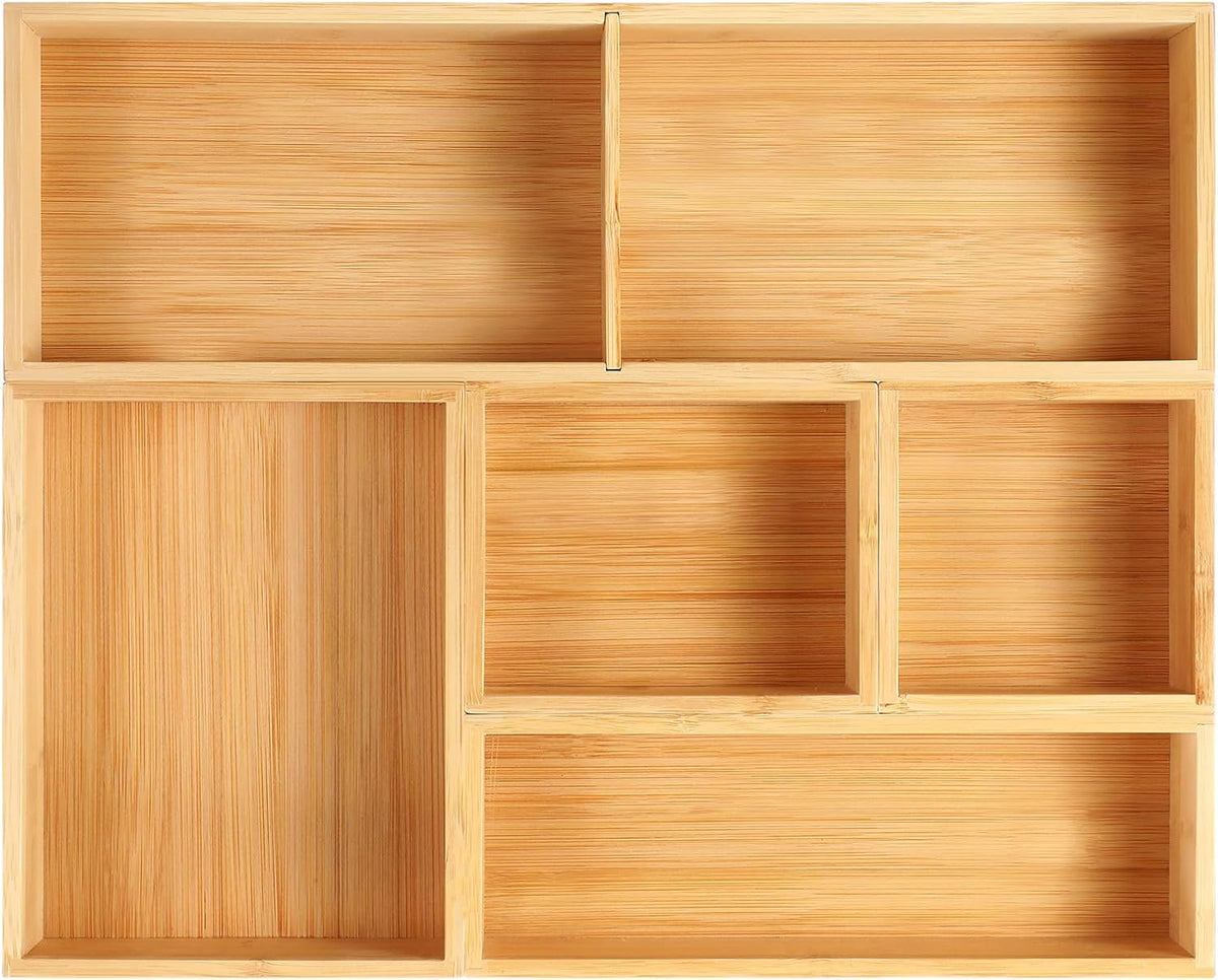 Fabsome Drawer Organizer, Set of 9 Bamboo Wood Kitchen Makeup Desk Junk Tea Drawer Storage Boxes Bins for Cutlery Silverware Utensils Flatware, Small Wooden Container Tray for Bathroom, Office