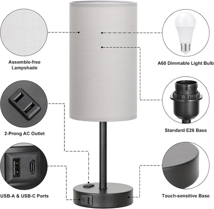 Fenmzee Bedside Table Lamp for Bedroom - Dimmable Touch, USB A+C, AC Outlet