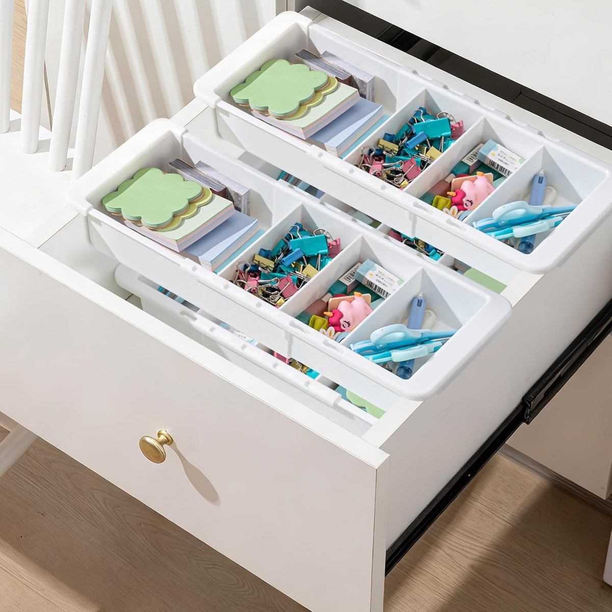 2 Pcs Expandable Drawer Organizer Bins Adjustable Deep Drawer Hanging Organizer Tray Expandable 11.4 to 18.1 Inches Plastic Dividers Storage for Office Bathroom Bedroom Kitchen Desk, White