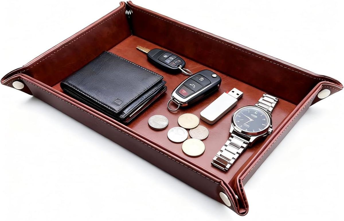 Leather Valet Tray Organizer, Catchall Tray, Desktop Storage for Keys, Coins, Wallet, Phone, Jewelry | Multi-Use Entryway Table, Desk & Nightstand Storage for Men & Women (Maroon)